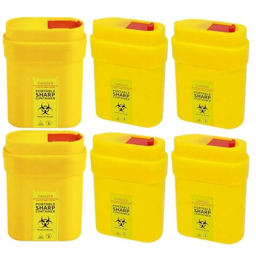 6 Pack Travel Sharps Bin Mini Container - Small Sharps Box for Needles, Lancets, Razor Blades - Portable Clinical Waste Bin Ideal For Travel, Work, Home - 6 Yellow Needle Disposal Box Size 0.3L Each