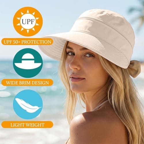 Cocila Packable Sun Hats for Women UK, 2 in 1 Foldable Ladies Sun Hat,Wide Brim UV Sun Protection Summer Beach Hat for Travel & Outdoor Beige — view 3