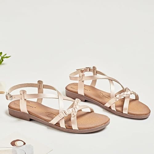 Veittes Women's Dressy Casual Strappy Flat Slide Sandals,Gold 10 — view 3