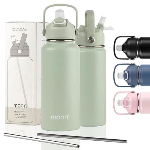 moon bottles - Insulated Water Bottle with Straw - Stainless Steel Sports Drink Bottle, Thermal Flask, 24hr Cold, 12hr Hot, Double Walled, Metal Straw, Silicon Spout, UK Company (1L, Green)
