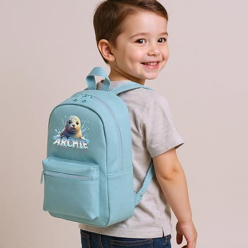 Purple Print House Kids Seal Custom Mini Backpack Personalised Name Back to School Nursery Bag for Boys Girls Toddlers New Term Gift, One Size, Olive Green — view 4