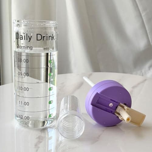 700ml Glass Water Bottle with Fruit Infuser & Hidden Straw, Leakproof Time Marker Drinking Bottle, BPA-Free Glass Tumbler with Silicone Sleeve forScholl, Gym, Office, Travel (Lavender Purple, 700ml)