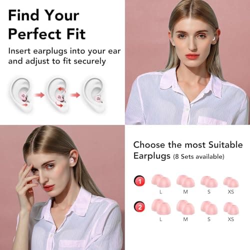 Ear Plugs for Sleep, 45dB Noise Cancelling Earplugs Hearing Protection for Sleep, Concentration, Travel, Work, Concerts, Ultra Comfortable Reusable Silicone Ear Plugs, 8 Tips(XS/S/M/L) & Case(Pink) — view 5