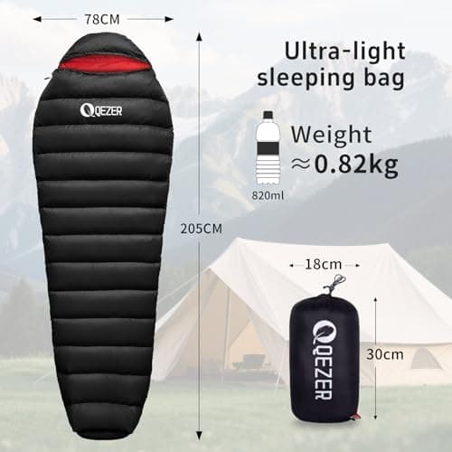 QEZER Down Sleeping Bag, Only 820 g, Lightweight Sleeping Bag, Small Pack Size with 600FP Down for 3 Seasons, Camping, Trekking and Hiking, Outdoor (blackblack) — view 2
