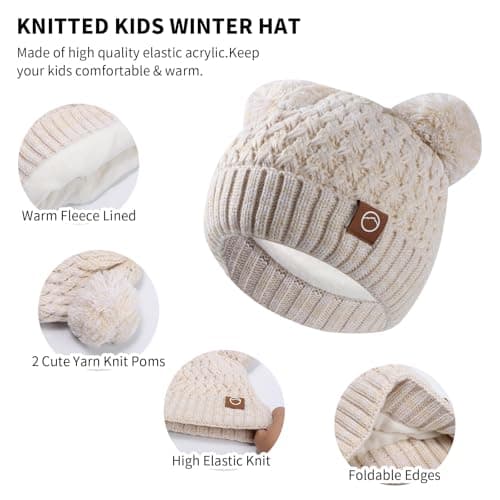 Lancry Winter Hat Scarf And Gloves Set Kids, Warm Thermal Girls Boys Hat Scarf Gloves Set Knitted Beanie Cap Snood Neck Warmer Touchscreen Mitten with Soft Fleece Lining For Kids Age 4-10 (Off-white) — view 2
