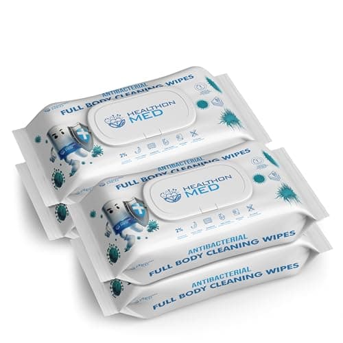 HEALTHON MED 4 Pack Antibacterial Body Wipes (200 XL Wipes) Alcohol Free No Rinse Full Body Cleansing Wipes for Adults – Ideal for Elderly, Bed Bath, Travel, Camping & Personal Hygiene
