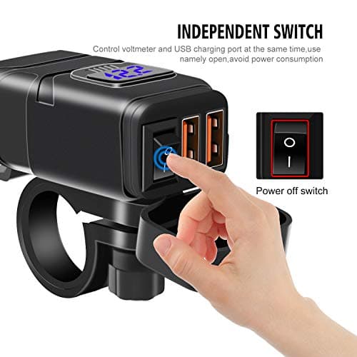 Kriogor Motorcycle Car Charger, QC 3.0 USB Socket and 6-30V LED Voltmeter, IP65 Waterproof Motorbike USB Adapter with On-Off Switch for 12V Boat Marine SUV (Blue) — view 4