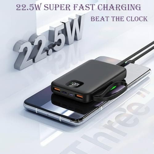 [5-in-1] 22.5W Fast Charging Power Bank 10000mAh, Compact Portable Charger with 4 Built-in Cables & LED Display, 5 Outputs & 3 Inputs Battery Pack for iPhone Android and More (Black, 10000mAh) — view 2