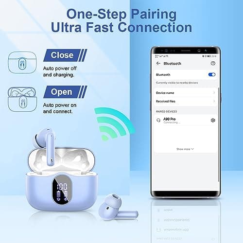 Wireless Earbuds, Bluetooth 5.4 Headphones In Ear with 4 ENC Noise Cancelling Mic, Bluetooth Earbuds Mini Deep Bass Stereo Sound, 36H Playtime LED Display Wireless Earphones IP7 Waterproof, Purple — view 5