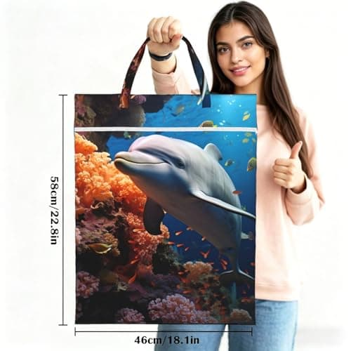 Dolphin On Coral Travel Laundry Bag for Dirty Clothes 1 PC, Foldable Waterproof Washable Wet Dry Bag with Handle Zippered Hanging Laundry Hamper for Travel, Gym, Swimming Pool — view 3