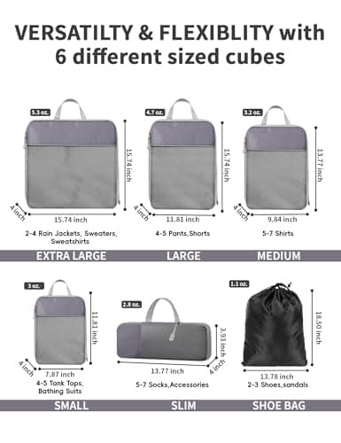 NMNGB Compression Packing Cubes for Carry on Suitcase, 6 Set Travel Luggage Packing Organizer Bag with Mesh, Extensible Luggage Suitcase, Multifunction Organisers, Grey — view 3