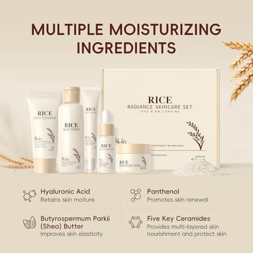 Korean Skincare Set,Glass Skin Care Gift Set,Rice Skin Care Sets & Kits-Rice Cleanser,Toner,Serum,Cream,Eye Cream,Facial Kit for Glowing Skin,Rice Raw Pulp Beauty Gift Set for Women (One Size, Rice) — view 6