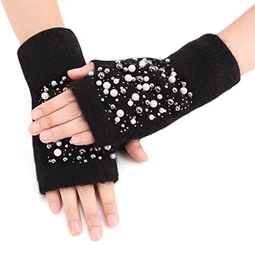 Women Ladies Beads Knitted Gloves Winter Warm Short School Writing Reading Travel Cycling Fingerless Gloves — view 2