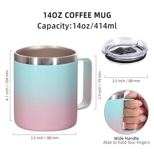 Volhoply 14oz Insulated Stainless Steel Coffee Mug with Leakproof Lid,Double Wall Vacuum Travel Coffee Cup with Handle,Reusable Metal Tumbler,Camping Mugs Keep Hot,Christmas Gifts(Green Pink,1) — view 2