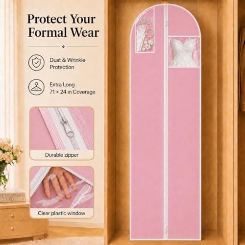 Sytinnice 2Pcs Long Dress Garment Bags, 60×180cm Folding Full Length Garment Cover Bag with Zipper, Pocket & Handle, Breathable Clothes Covers for Gowns Dresses Travel & Storage(Pink) — view 3