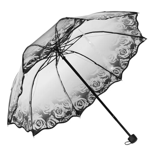 Black Rose Print Folding Umbrella, Portable Manual Travel Umbrella