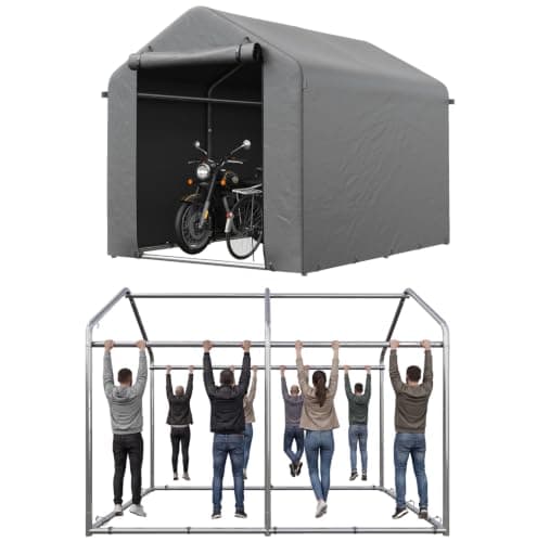 Aoxun 2.2x1.6M Heavy Duty Outdoor Storage Shed, PE Woven fabric, 3000mm Waterproof Portable Bike Shed Shelter and Garden Storage Tent, Roll-up Door Carport for Motorcycle and Lawn Tools, Grey