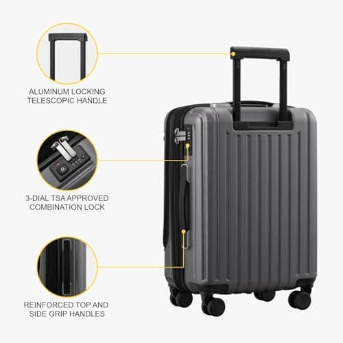 LEVEL8 Carry-on Suitcase 20-Inch with Laptop Compartment, Hand Luggage Case, ABS+PC Hardshell Spinner Trolley Lightweight 4 Wheels Cabin Size with TSA, Grey — view 6