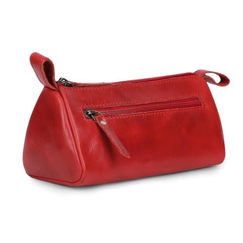 TheAntiq Leather Toiletry Bag Travel Dopp Kit for Men & Women Leather Makeup Organiser with Zipper Compartments Compact Travel Pouch 8x3.5x3.5 Inch (Red)