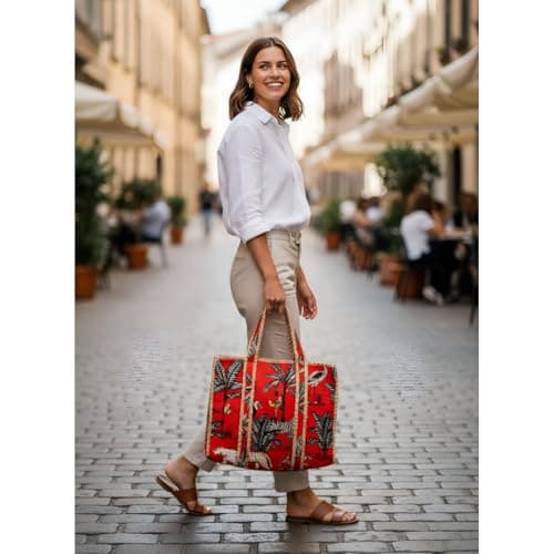 Quilted Cotton Tote Bag for Women | Handmade Jungle Animal Print Shoulder Bag | Lightweight Reusable Cloth Tote with Long Handles for Shopping, Travel & Daily Use — view 3