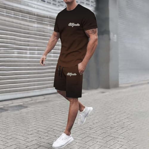 Mens 2 Piece Tracksuit Short Sleeve T-Shirts and Shorts Matching Set Loungewear Sweatsuit Lounge Sets with Pockets Loungewear for Travel Sportswear for Gym Running Exercise Fitness (#0001 Coffee,3XL) — view 3