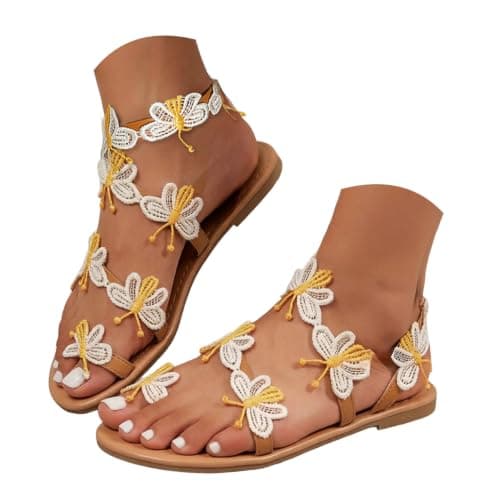 Summer Beach Flat Sandals for Women 2026 Butterfly Open Toe Ankle Wrap Strap Slip On Colorful Embroidery Bohemian Sandals Lightweight Non Slip Breathable Poolside Music Festival Casual Walking Shoes