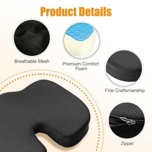 Memory Foam Seat Cushion, U-Shaped Ergonomic Chair Pad for Pressure Relief & Tailbone Support, Non-Slip Coccyx Cushion for Office Chair, Gaming Chair, Car Seat & Desk Use, Breathable Mesh Cover, Black — view 3