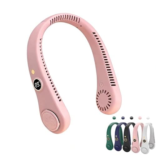 Portable Bladeless Neck Fan, USB Rechargeable Hanging Neck Fans, Digital Monitor Design, 5 Speeds Operated Adjustable 360° Airflow Cooling Wearable Fan for Men Women Indoor Outdoor Travelling (Pink)