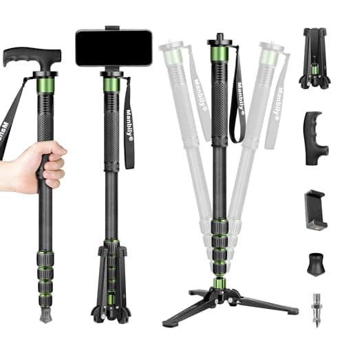 Manbily G-333 Carbon Fibre Camera Monopod 180cm for DSLR with Feet, Monopods for Cameras 5 Sections Walking Stick Hiking Pole, Mini Tripod Detachable Base, Aluminum Max 10KG Canon Nikon Sony (Green)