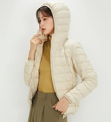 Lightweight Down Jacket Women Packable Ladies Puffer Jacket Coats for Women Puffa Jackets With Hood Hooded Waterproof Puffer Jackets Womens Compressible Down Feather Coat Parka Quilted Padded Beige M — view 2