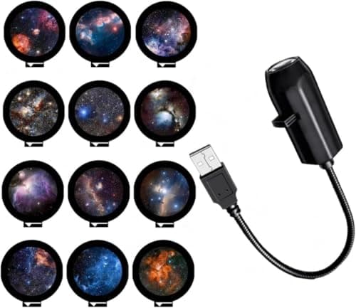 Plug and Play Star Projector Night Light – HD Glass Lens, 360° Flexible Neck, USB Powered, Interchangeable Theme Discs, Portable Galaxy Lamp for Bedroom, Home Theater, Car, or Travel (12 Slides)