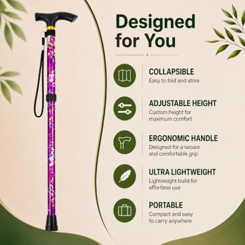 Hataf Adjustable Walking Stick 84cm-92cm, Folding Walking Sticks for Women/Ladies, also for Men, Mobility Aids, Walking Sticks with Rubber Ends (Purple Flowers) — view 4