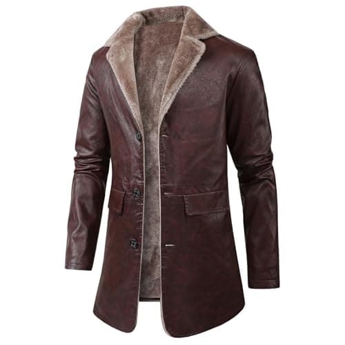 DASONLUE Men's Leather Jacket Winter Turn-Down Collar Fleece Jackets Plain Parka Jacket with Fleece Lined Slim Fit Winter Jackets Faux Leather Thermal Jacket with Buttons, brick red, L