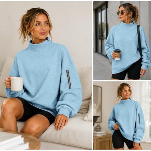 Womens Oversized Sweatshirts Mock Neck Pullover Long Sleeve Fleece Tops | Fall Fashion Outfits 2026 Clothes Comfort Soft Travel Casual Work Lounge Daily Outfit Light Blue — view 2