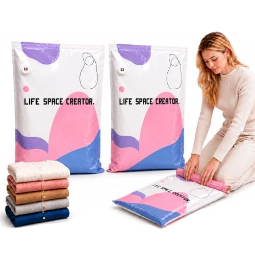 MARKIVO No-Pump Vacuum Storage Bags, Large 2 Pack, Heavy Duty 7-Strand Nylon Space Saver Bags, Press & Seal 3D Cube Compression Bags for Clothes Bedding Duvets, Thickened PA+PE Reusable Vacuum