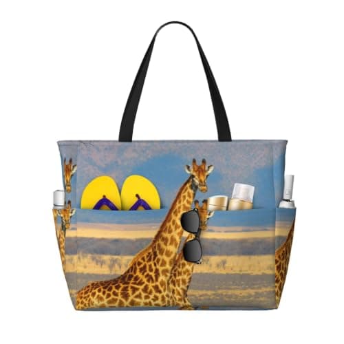 AACPPB Warm Gold Giraffe Pair Printed Oversized Beach Tote, Multi-Pocket Travel Bag, Lightweight Waterproof Pool Handbag