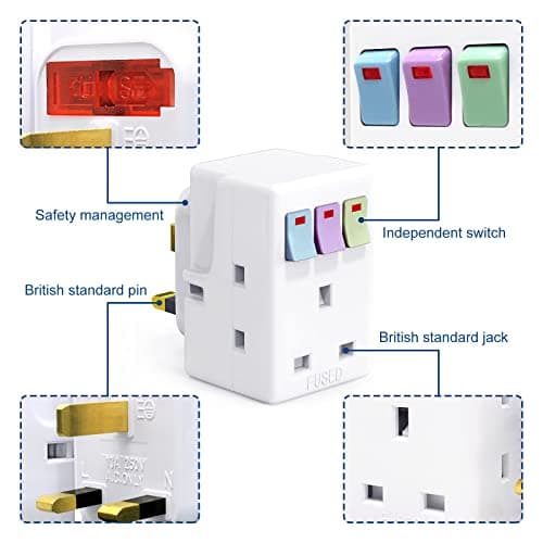 3 Way Plug Adapter UK, Multi Plug Adaptor with Individual Switches — view 2