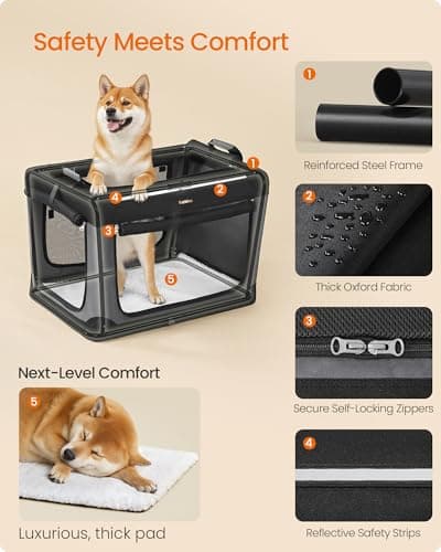 Feandrea Collapsible Dog Crate, Portable Pet Travel Crate for Medium Dogs, 76.2 x 53.4 x 53.4 cm, Oxford Fabric Pet Carrier with Mesh Doors, Storage Pocket, Ink Black PDC017B01 — view 5