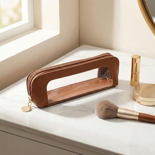 Brown Leather Makeup Bag with Clear Window - Small Cosmetic Case for Travel, Organizes Brushes, Pens & Beauty Tools in Compact Pouch, Textured Faux Leather, Gold Zipper, Rounded Ends, Portable Storage — view 3