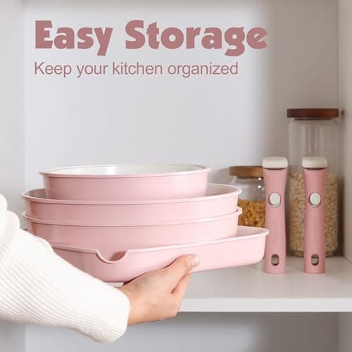 SENSARTE 17 Piece Ceramic Detachable Handle Pots and Pans Set Pink — view 3