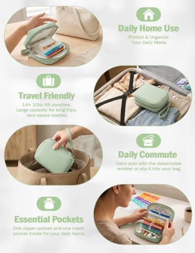 Waterproof Pill Organiser Set with 14 Pouches for Travel, 7 or 14 Day Medicine Case, Waterproof PU Leather Holder with Large, Colour-Coded Resealable Bags for Holidays & Daily Use, Green — view 6