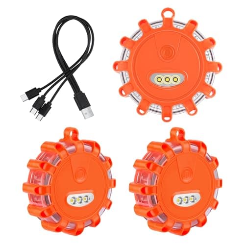Amzpas USB Rechargeable LED Road Flares Emergency Lights-Roadside Warning Car Safety Beacon Flashing Disc Flare Kit with Magnetic Base & Hook for Vehicles & Boat(3 Pack-Red Light)