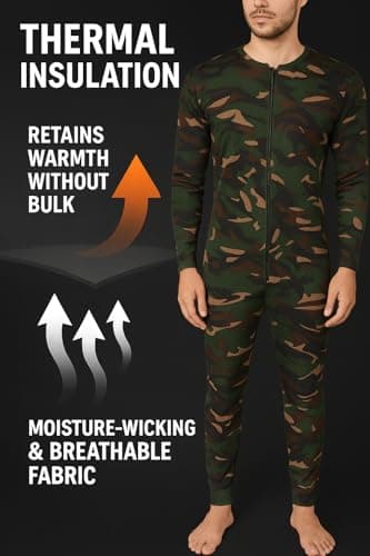 Men’s Camouflage Thermal Baselayer Onesie – Full Body Zip Jumpsuit for Hunting, Outdoor Work & Cold Weather | Stretch Fit, Moisture-Wicking, Lightweight Insulated Undersuit[Green Camouflage,M] — view 4