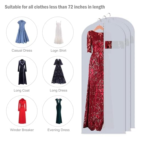3-Pack Long Dress Garment Bag with Window, Hanging Clothes Cover for Gowns, Wedding Dresses, and Suits – Dust-Proof Storage with Metal Zipper (183cm / 72 inches) — view 3