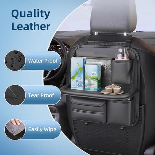 Singring Leather Car Backseat Organizer with Foldable Table Tray, Waterproof Car Seat Back Protectors Kick Mats, Foldable Car Table for Backseat Headrest with Pockets — view 4