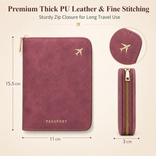RFID Blocking Zip Passport Holder, Suede Faux Leather Travel Wallet, Anti Theft Multi Slot Passport Cover with Card Cash Ticket Slots, Plane Embossed Travel for International Trips, Dusty Rose Pink — view 2