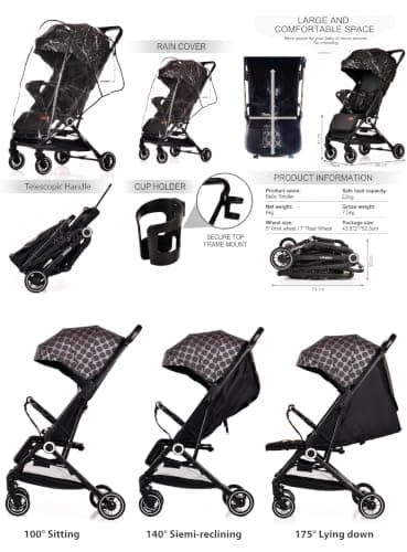 Lightweight Stroller, Baby Pushchair, Compact Travel Buggy, One-Hand Foldable, Upgraded Wheels, All-Seasons Stroller, Cabin Approved (Black - Platinum Lattice, SPD1) — view 5