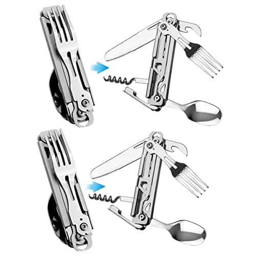 HONZIN Folding Camping Cutlery Set, 5 in 1 Multifunctional Portable Stainless Steel Cutlery, Outdoor Detachable Tableware Utensil for Travel, Hiking, Picnic, with Drawstring Pouch (2 Packs)