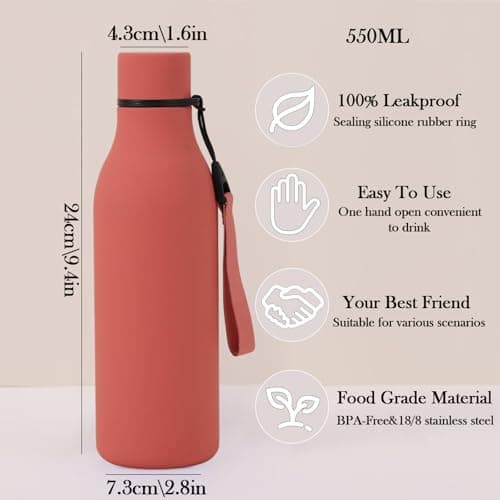 Water Bottle with Strap 550ml, Stainless Steel Water Bottle, Double Wall Insulated Flask Bottle Keeps 24H Cold/12H Hot, Leakproof Metal Drinks Bottle, BPA-Free for Travel, Gym, Hiking (Red) — view 2