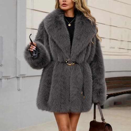 Dark Gray Womens Faux Fur Coat Lapel Belted Warm Winter Jacket XXL — view 3